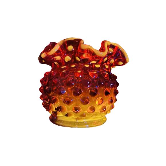 Fenton Glows Amberina Hobnail Small Rose Bowl Ruffle Crimped Orange Glass Vase - Picture 2 of 14